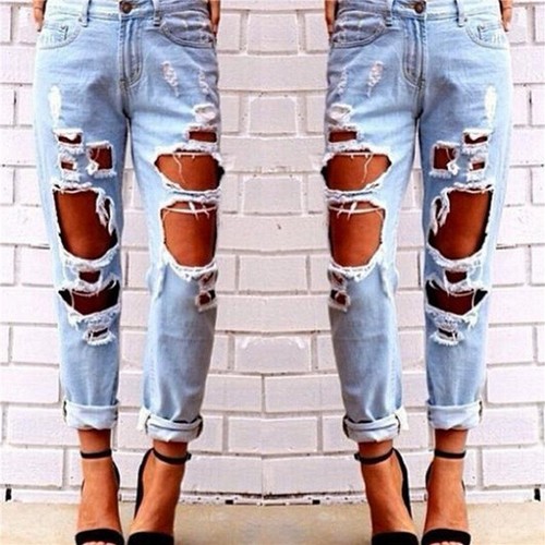 Womens Boyfriend Style Ripped Hole Jeans Denim Pants Destroyed Trousers Ebay