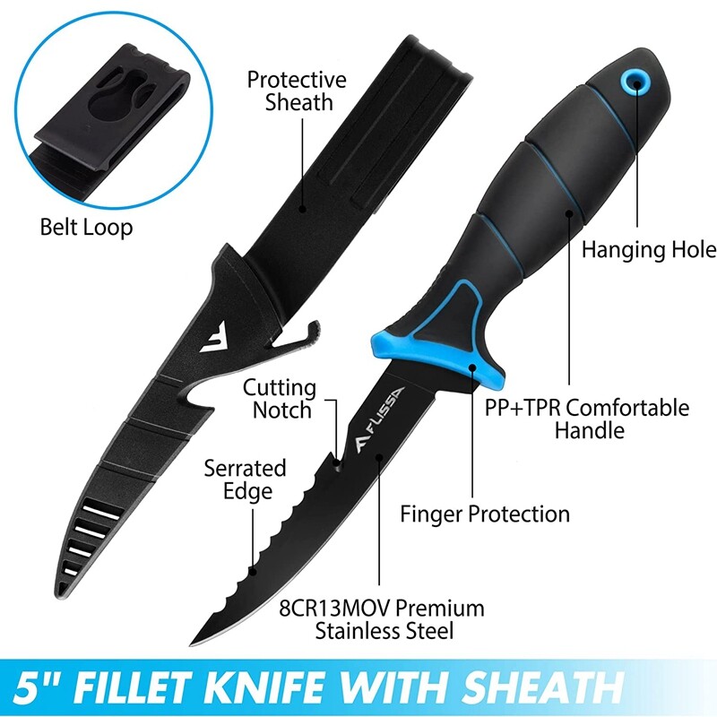 FLISSA 5" Fillet Knife Bait Knife Non-Slip Handle Lanyard Hole Belt Clip Sheath