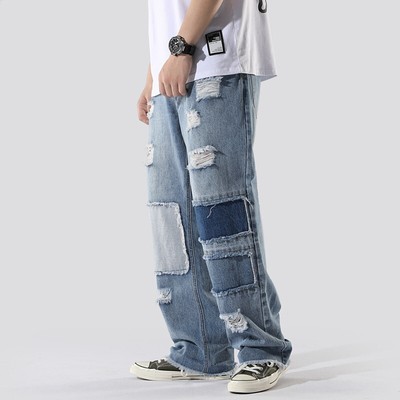 Men Ripped Jeans Patchwork Distressed Denim Trousers Hip Hop Pants Straight Fit