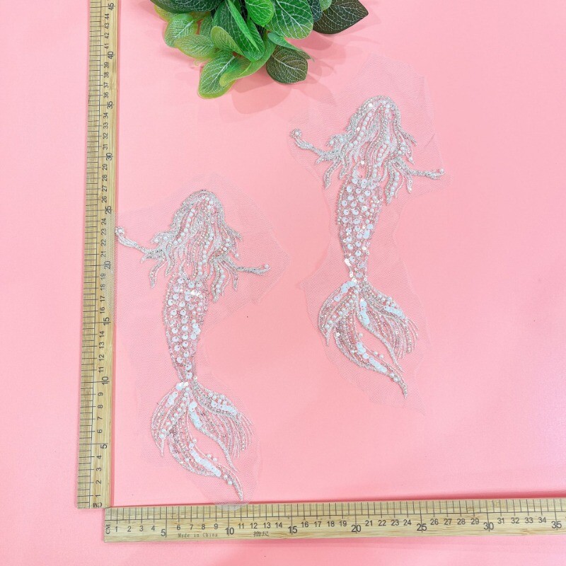 2X DIY Sequin Beaded Patches Sew 3D Mermaid Pattern Dress Accessory Applique Set