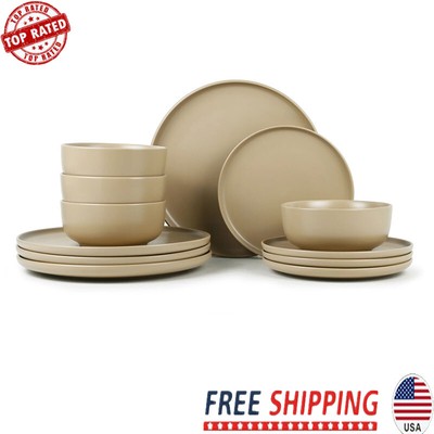 12-Piece Durable Solid-Colored Stoneware Ceramic Kitchen Dinnerware Set Brown Us