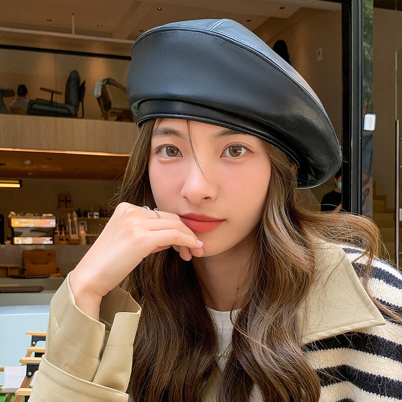 Women Pu Leather Beret French Artist Autumn Winter Beanie Hat Vintage Plain Pain