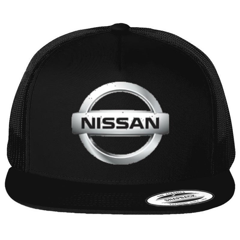Nissan Car Auto Logo Emblem Printed on Black Yupoong Hat Flat Bill Trucker Cap