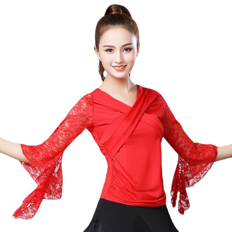 lady-lace-flared-sleeve-dance-shirt-vneck-latin-top-ballroom-dance-blouse-thin