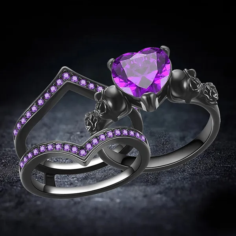 Gothic Black Rose Flower Skull Engagement Rings Set Red Purple Heart-Shaped Zircon Crystal Wedding Anniversary Holiday Gift Jewelry