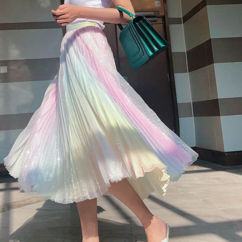 Details About Ombre Pastel Rainbow Mermaid Sequin Pleat Midi Full Flare Skirt Dip Dye Womens