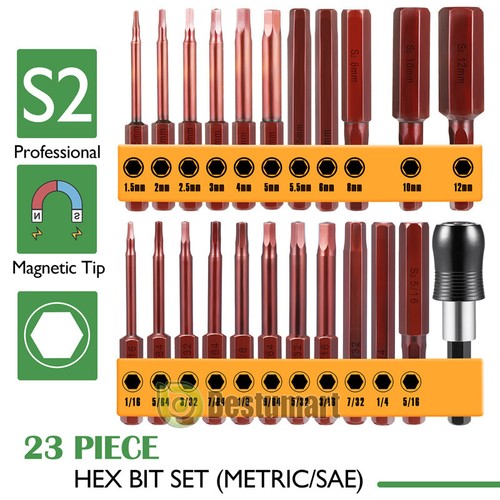 23PC Hex Head Allen Wrench Drill Bit Set Screwdriver Metric & SAE S2 Steel 1/4