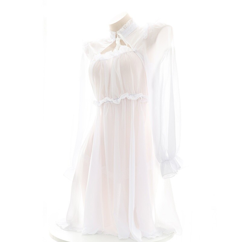 lady-mesh-sheer-night-dress-long-sleeve-ruffle-lolita-seethrough-sexy-thong