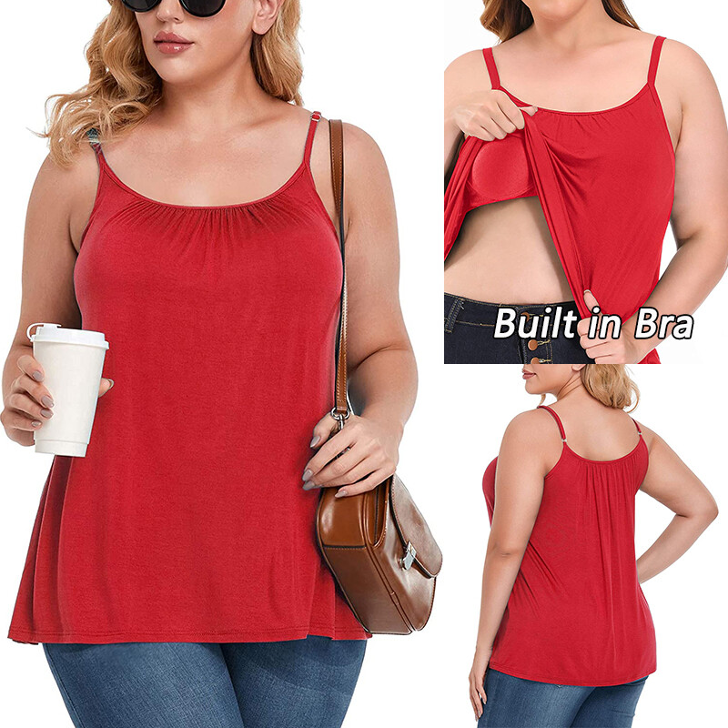 Womens with Built in Bra Flowy Shelf Bra Tank Tops Padded Adjustable