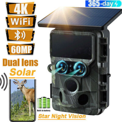 Solar 4K UHD Wildkamera 60MP WLAN Bluetooth Jagdkamera Nachtsicht DualesObjektiv