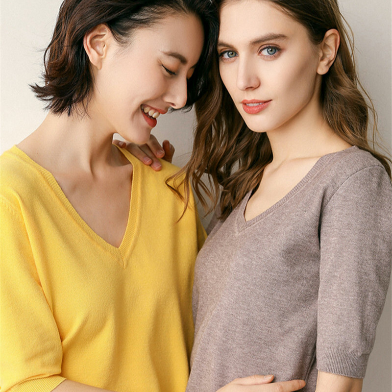 women-knitted-jumper-sweater-thin-pullover-sweatshirt-v-neck-half-sleeve-top