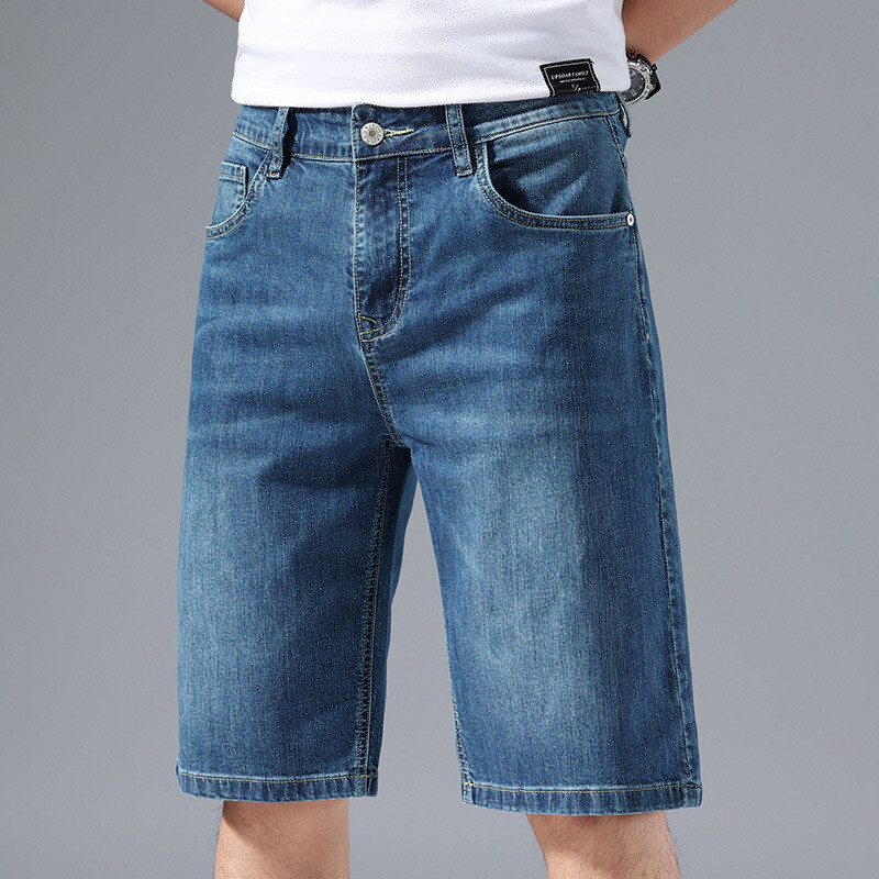 Men Denim Shorts Retro Knee Length Jeans Slim Fit Straight Leg Half Pants Zipper