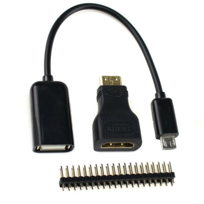 3 in 1 Raspberry Pi Zero Kit Mini HDMI to HDMI Adapter + Micro USB+ Pin Header