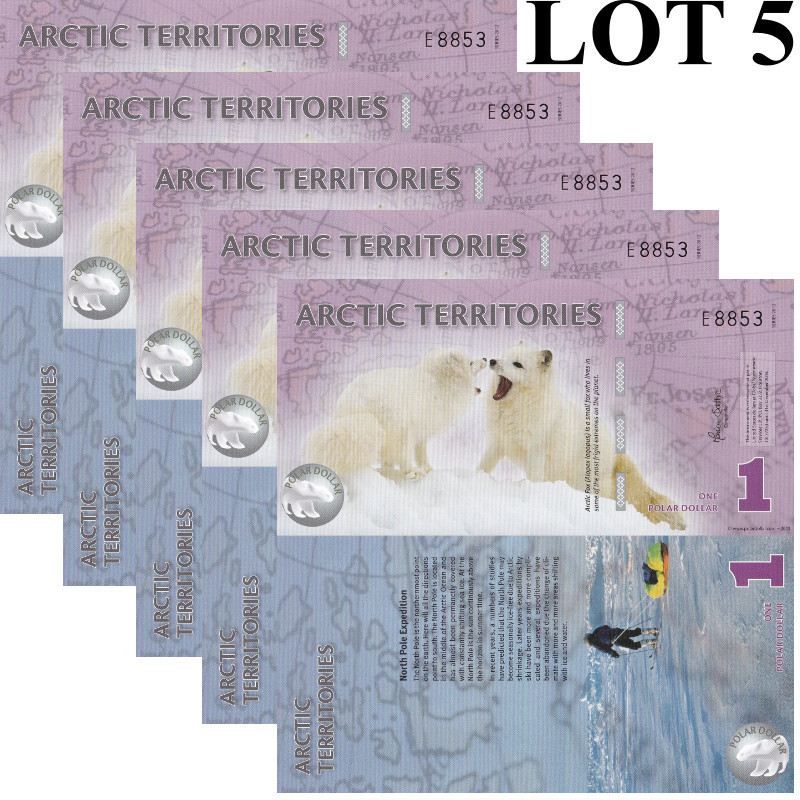 Arctic Territories 1 Dollars 2012 Polymer Arctic Fox UNC Test Note Lot 5 pcs