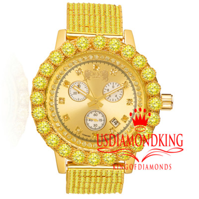 Pre-owned Khronos Canary Solitaire Watch Custom Genuine Diamond Analog Gold Tone Stainless Steel