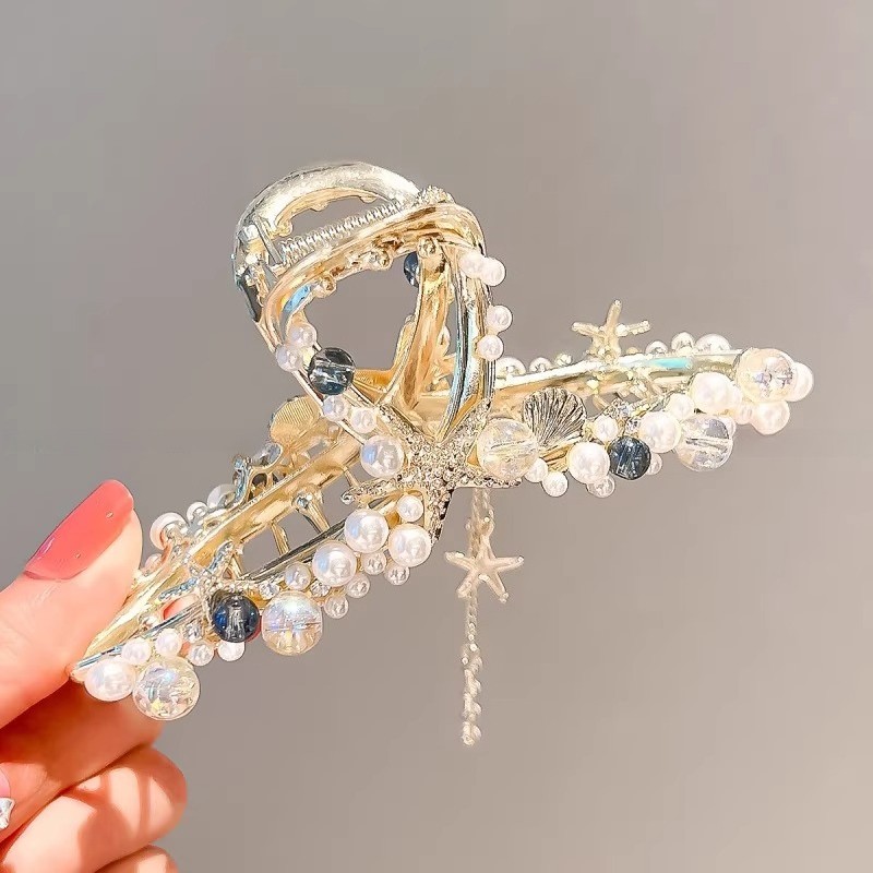 Women Metal Hair Claw Faux Pearl Beads Decor Large Hair Clip Hair Accessories