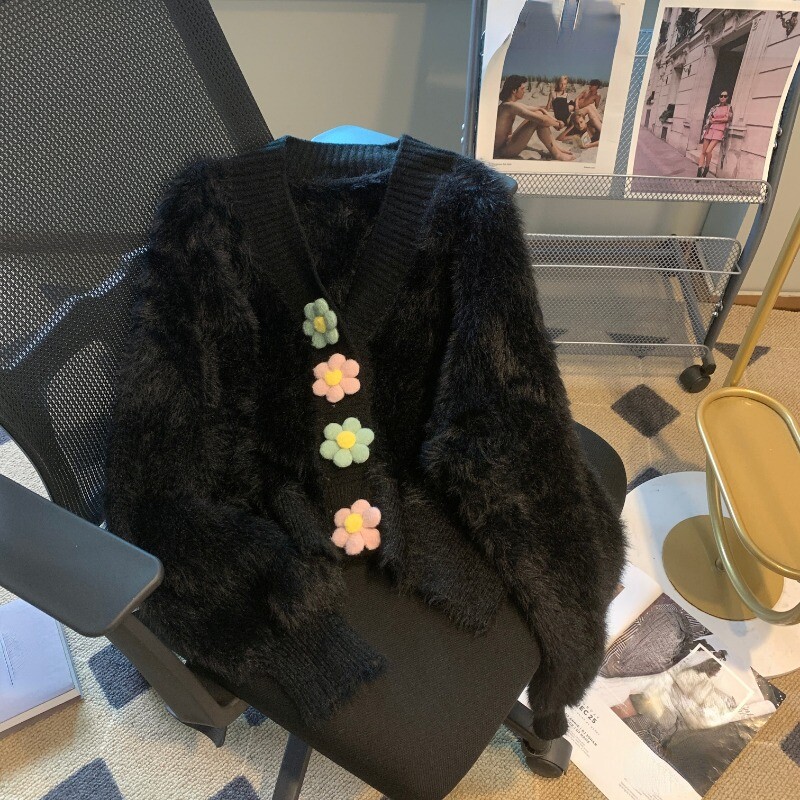Ladies Faux Fur Plush Flower Cardigan Knit Tops Fluffy Jumper Sweet Cute Fashion