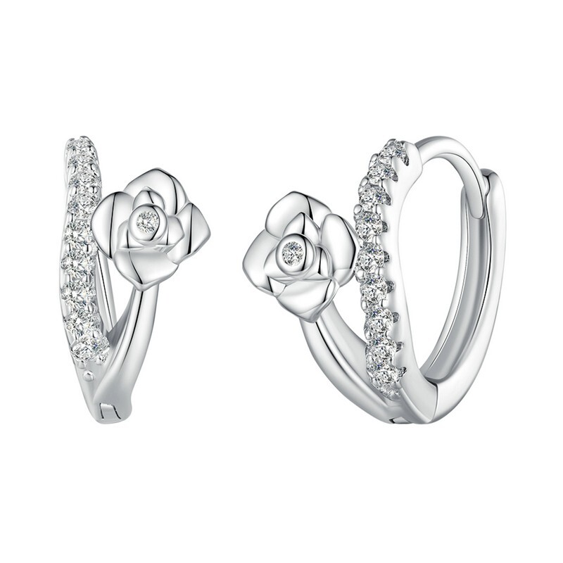 Rose Flower Hoop Earrings Genuine 925 Sterling Silver & Cubic Zirconia 💖