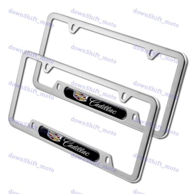 2PCS For CADILLAC Black Silver Metal Stainless Steel License Plate Frame NEW