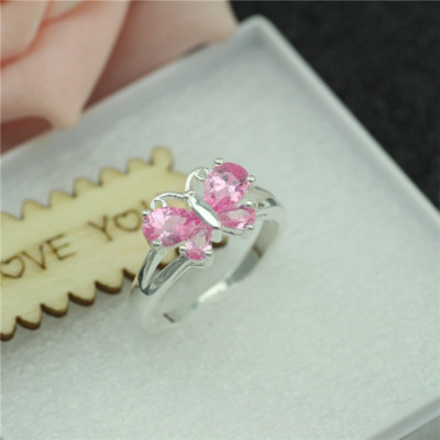 925 Sterling Silver Fashion Ring Butterfly Shape Pink Crystal Gift Ring #182