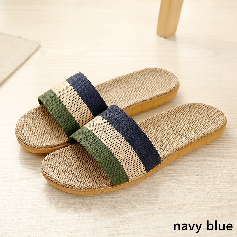 Home Men Striped Linen Flax Flat Slipper Shoes Sandal Anti-slip Indoor Beach
