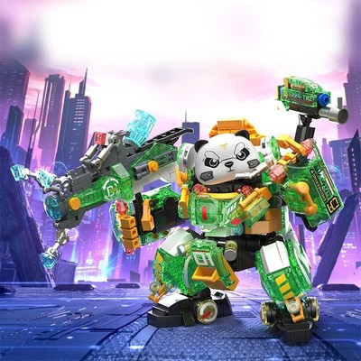618PCS Green Panda Mecha Building Blocks Creative Luminous Building Bricks Toys