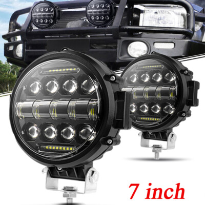Pair 7'' Round LED Pods Driving Light Bar DRL Work Light Flood Spot SUV Offroad