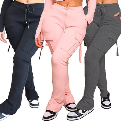 With Pockets High Waist Drawstring Wide Leg Straight Trousers For Wo