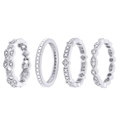 Stackable Band Ring Set Round Natural Diamond Accent 14K White Gold Plated