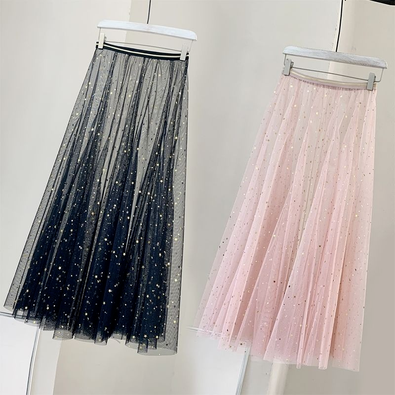 Pleated Women Mesh Sheer Lace Skirt Underskirt Glitter High Waist Star