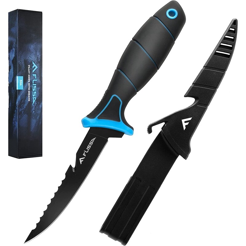FLISSA 5" Fillet Knife Bait Knife Non-Slip Handle Lanyard Hole Belt Clip Sheath