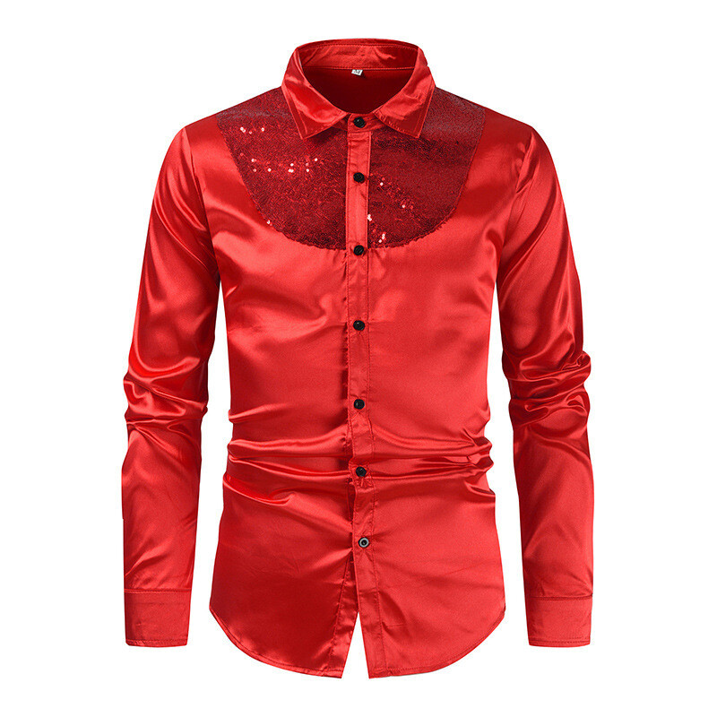 Uomo Lucido Lustrini Raso Camicia Manica Lunga con Bottoni Top Festa Club Disco
