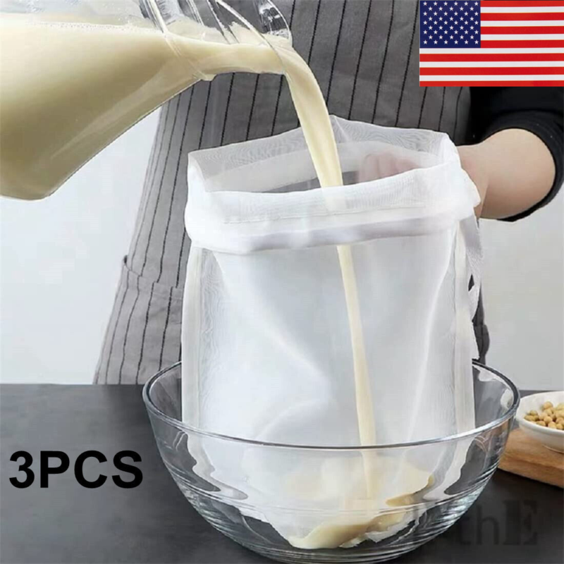 3 x Organic Cotton Nut Milk Bag Food Strainer Brew Coffee Ch