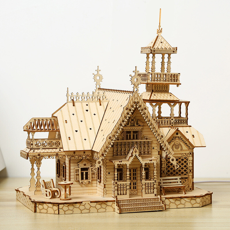 DIY 3D Wooden Jigsaw Puzzles for Adults Illuminated Villa Mechanical Model Kits