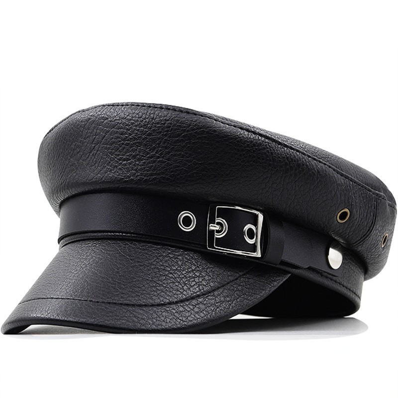 Damen Newsboy Barett Hut Flache Mütze PU Kunstleder Punk Schwarz Weiß Lässig