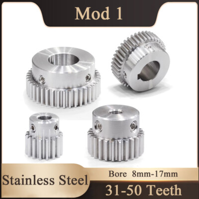 Mod 1 Stainless Steel Spur Gears Pinion Gear Motor Gear, 31-50 Teeth 8-20mm Bore