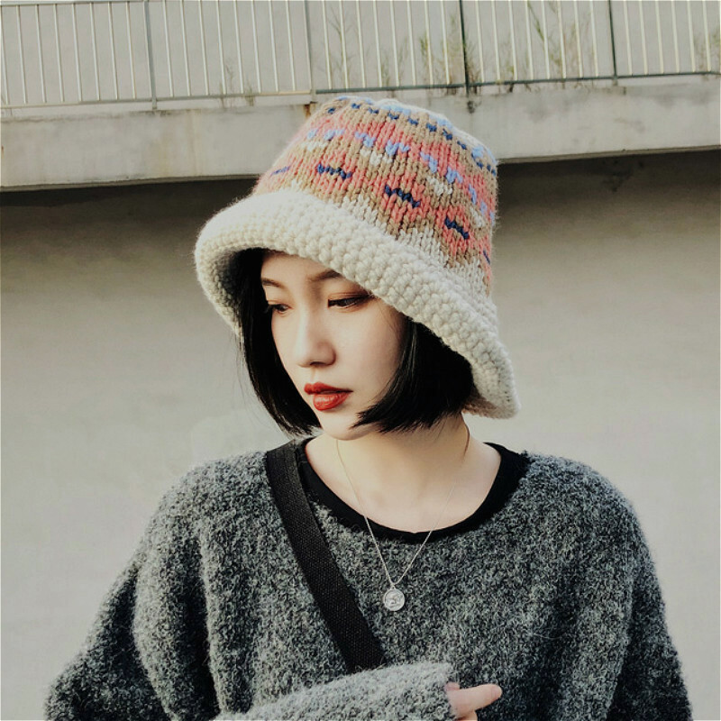 Women Girls Crochet Knit Bucket Hats Pattern Baggy Warm Woollen Cap Vintage