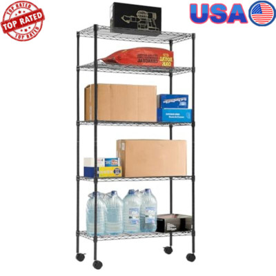 5 Tier Heavy Duty Wire Shelving Unit Adjustable Garage Storage Rack W/ Wheels US