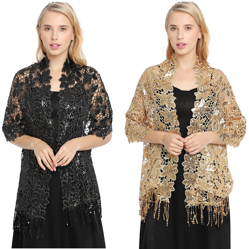 Women Lady Sequins Tassel Shawl Dinner Party Cheongsam Warp Scarf Evening Dress