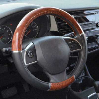 Wood Grain Steering Wheel Cover for Auto Car SUV Grip Black Microfiber Leather