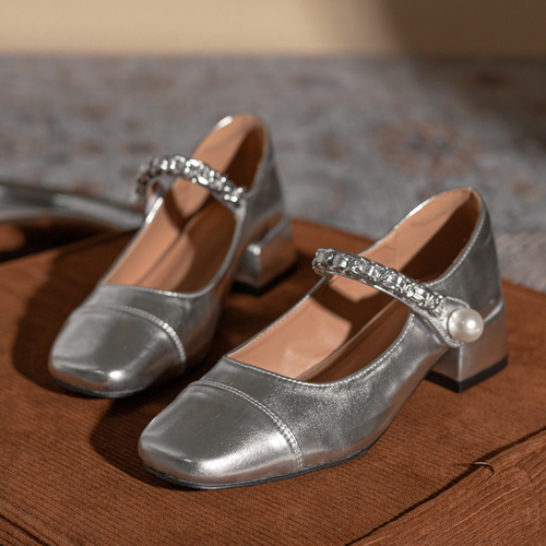 Women Silver Mary Jane Shoes Summer Square Toe Retro Pu