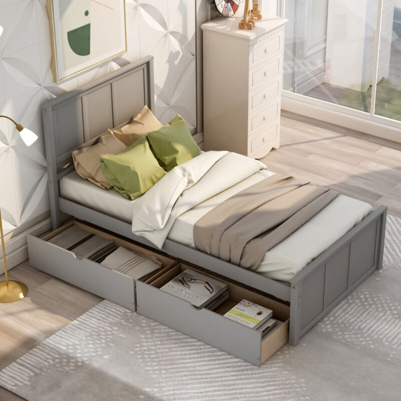 With 2 Drawers With Wheels Platform Storage Bed Gray