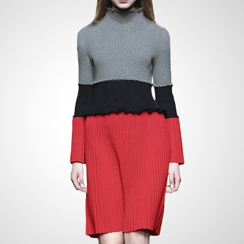 Women High Collar Long Sleeve Knitwear Winter Ladies Knitted Sweater Dress