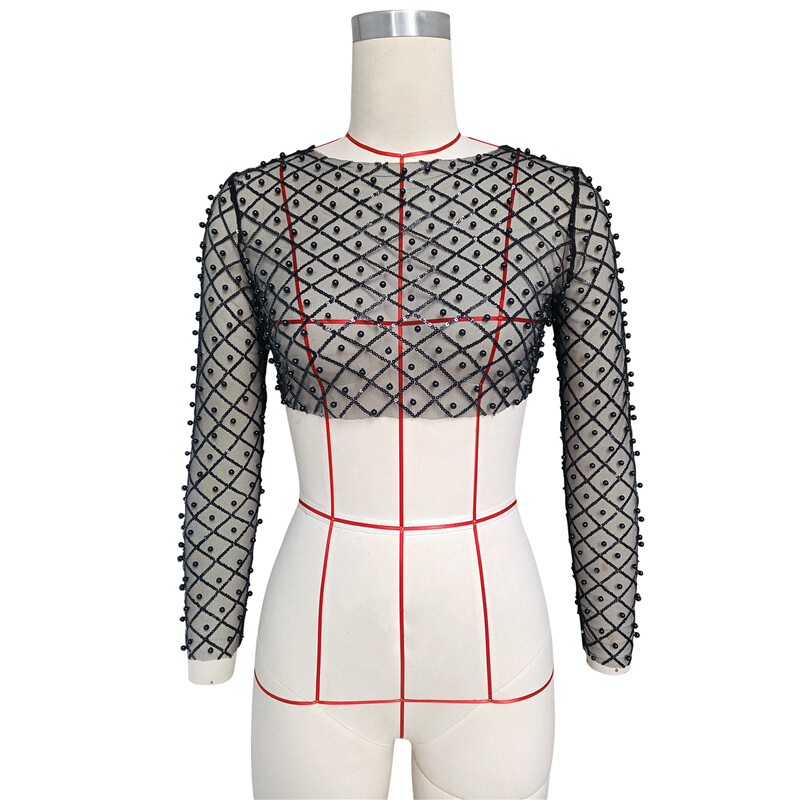 Donna Ritagliata Top T-Shirt Rete Paillettes Perline Tee Camicetta Manica Lunga