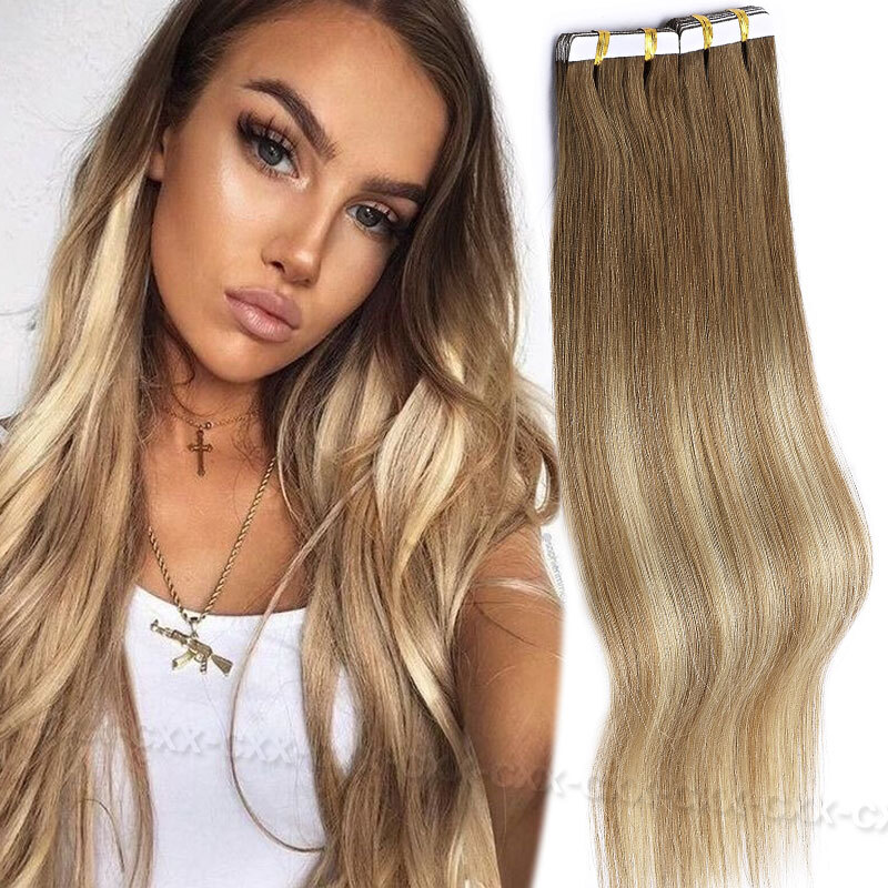 Thick Russian Tape In Remy Human Hair Extensions Full Head Skin Weft Ombre Color