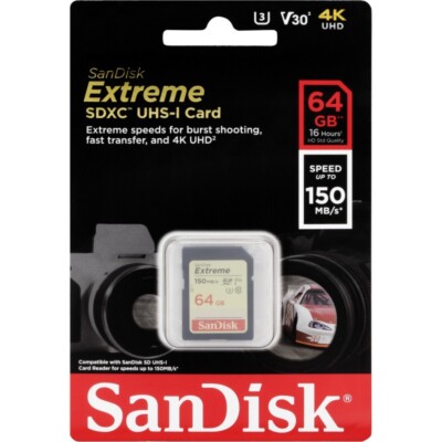 SanDisk Extreme SDXC 64GB Digital Memory Card UHS-I U3 150MB/s V30 Class 10-UK