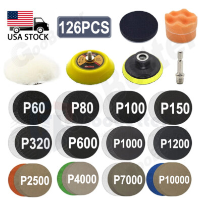 126Pcs Sandpaper 3'' Sanding Disc Wet Dry 60-10000 Grit 75mm Polishing Pads Set