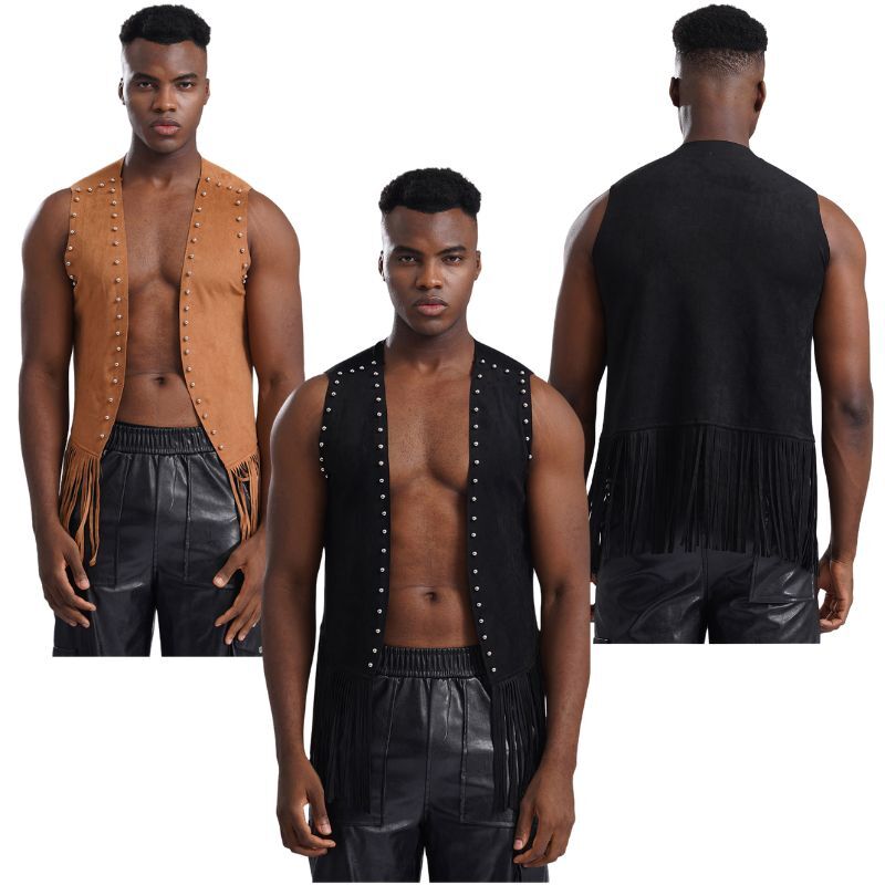Men Jacket Western Coat Rivets Waistcoat Fringe Vest Halloween