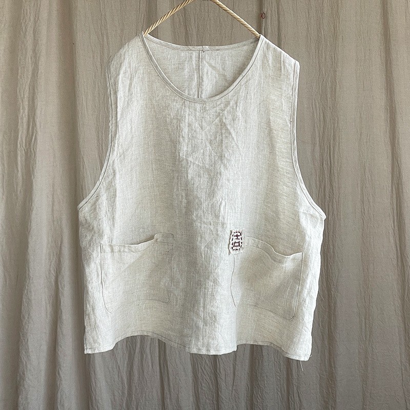 Women Cotton Linen Weste Vintage Tank Top Schwarz Damen Ärmellos Mit Tasche