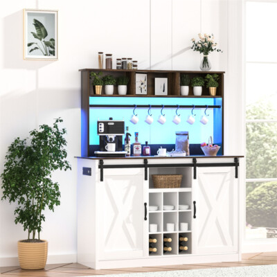 High Gloss LED Coffee Liquor Bar Cabinet with Storage,60000-color LED Lights